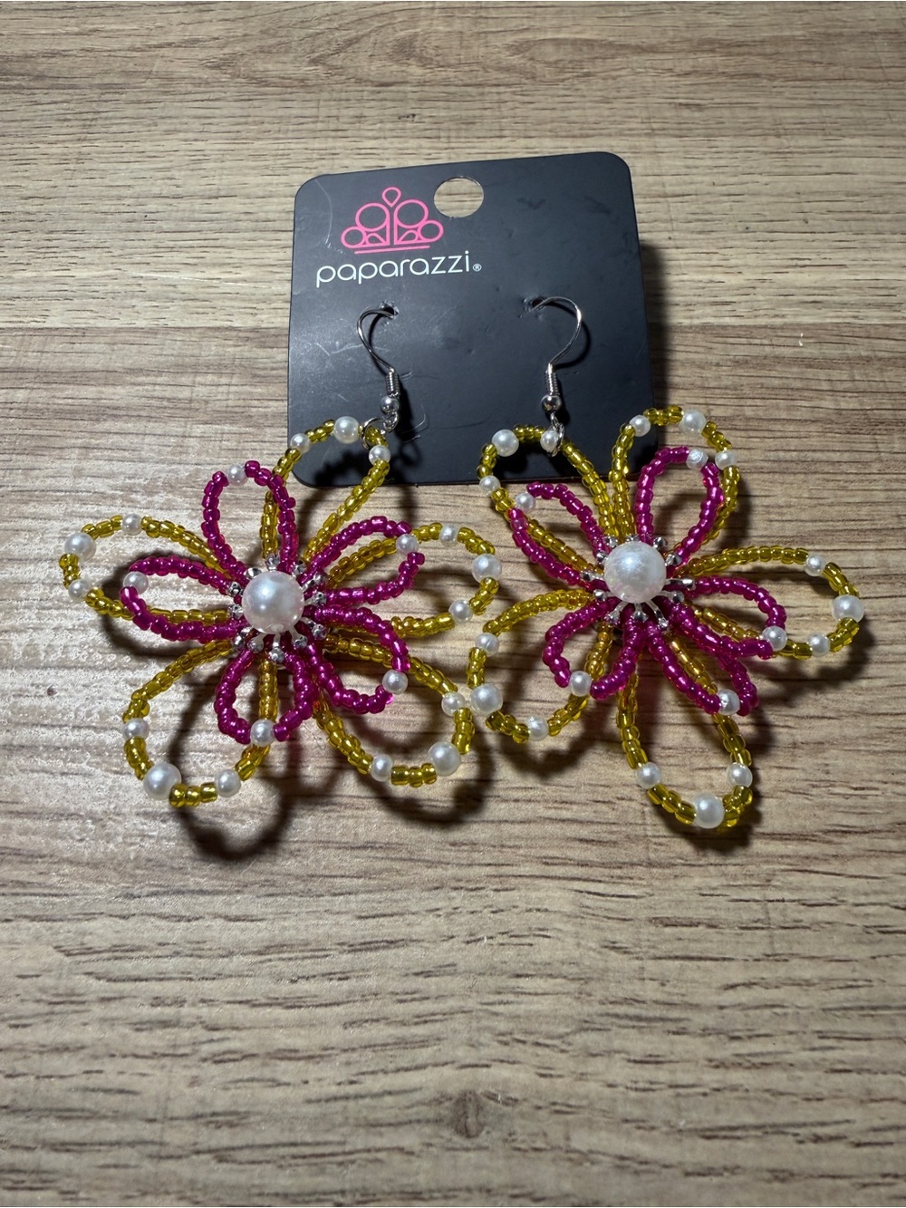 Paparazzi Pink and Yellow Beaded Floral Drop Earrings